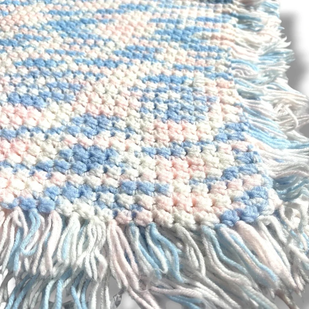 Handmade Crochet Baby Blanket‎ Pastel Blue Pink White Variegated Fringed Afghan